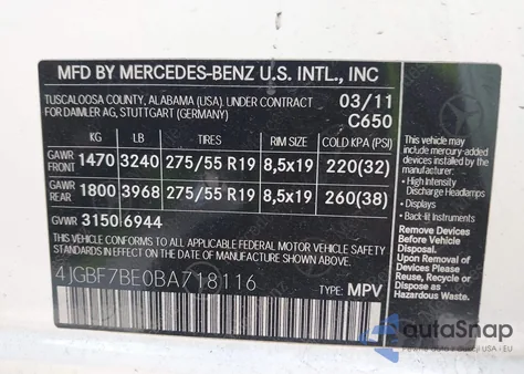 2011 Mercedes-Benz Gl 450 4Matic из США, поврежденный, VIN 4JGBF7BE0BA718116